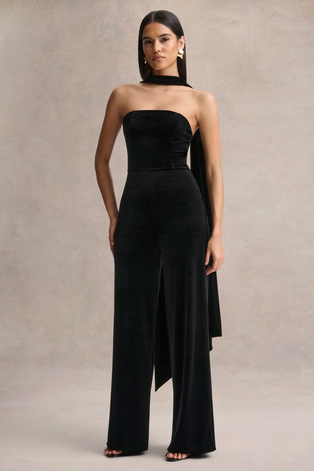 Arcane | Black Velvet Bandeau Jumpsuit With Scarf