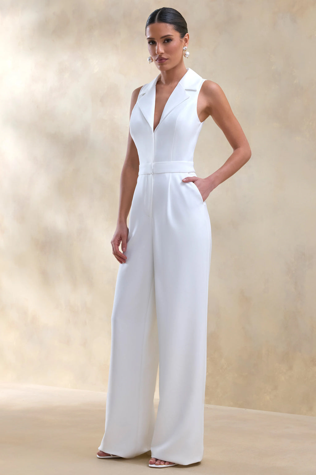 Brillora | White Plunge-Neck Tailored Jumpsuit