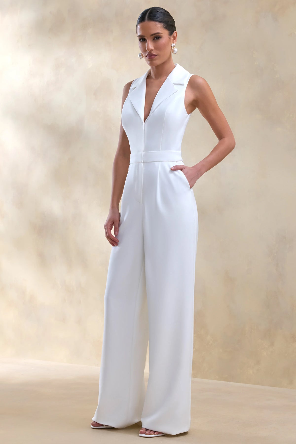 Brillora | White Plunge-Neck Tailored Jumpsuit
