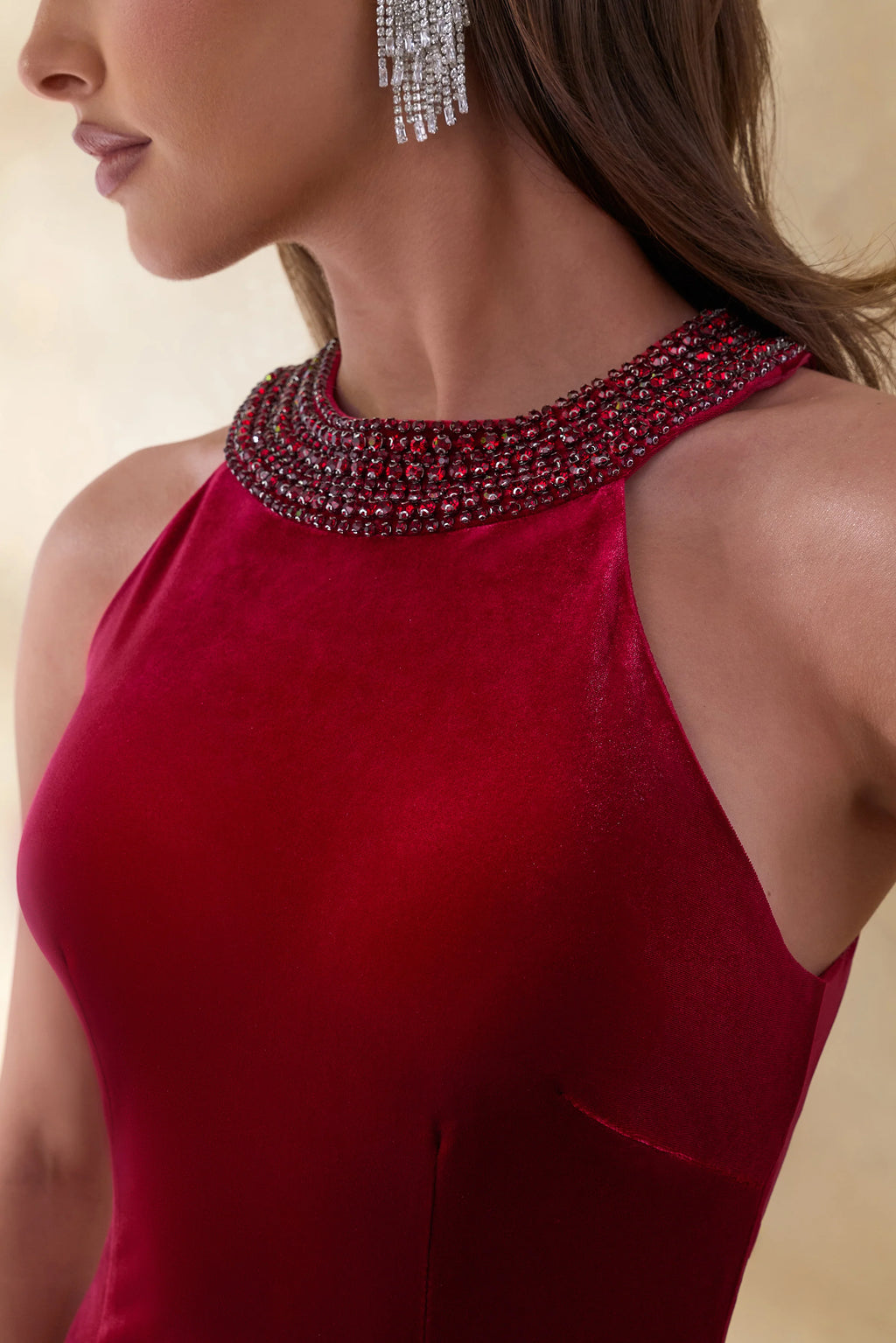 Darya | Burgundy Velvet Embellished High-Neck Maxi Dress