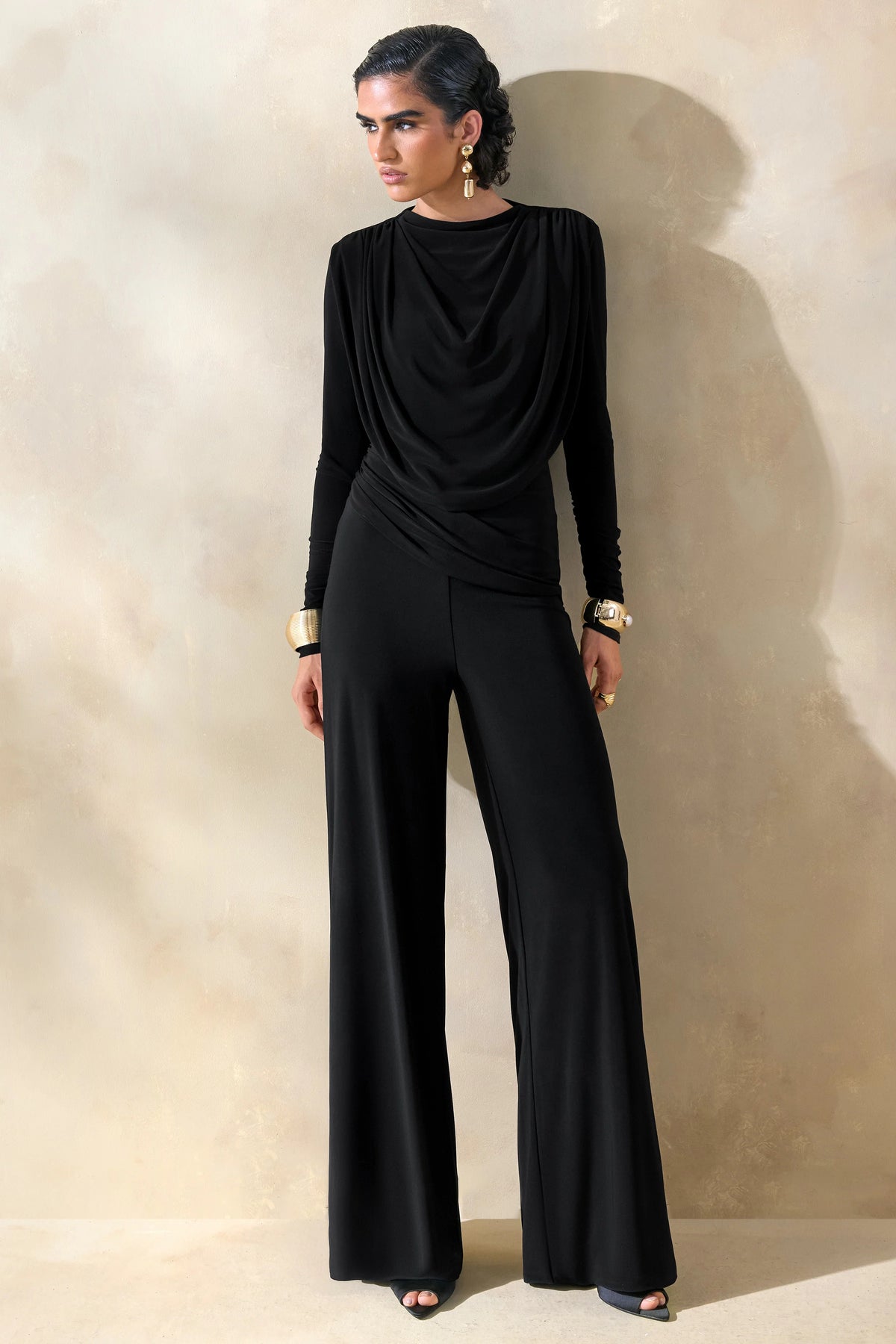 Raniella | Black High-Neck Top With Gathered And Draped-Detailing