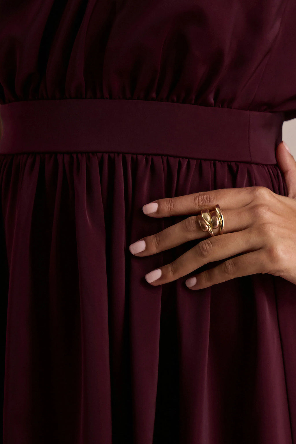 Caluna | Burgundy Satin Asymmetric-Neck Midi Dress With Scarf-Detail