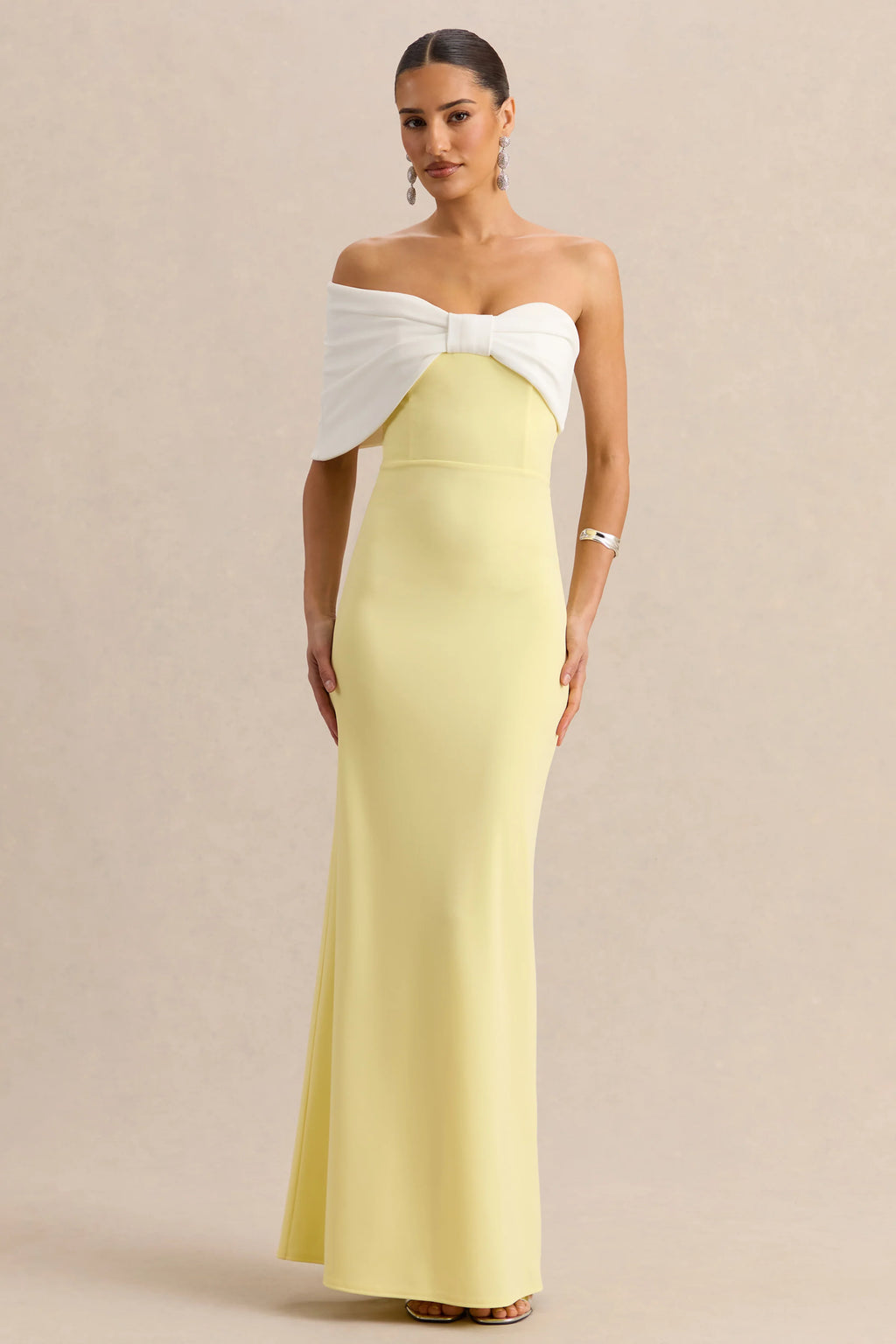 Agatha | Lemon & White Bow Bardot-Neck Maxi Dress