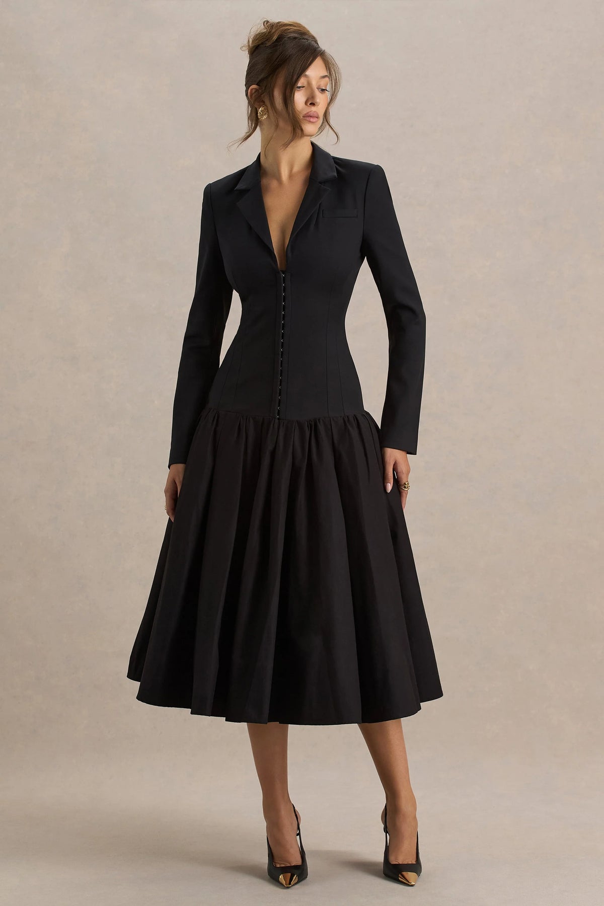 Cosmopolitan | Black Plunge-Neck Tailored Midi Dress With Pleated Hem