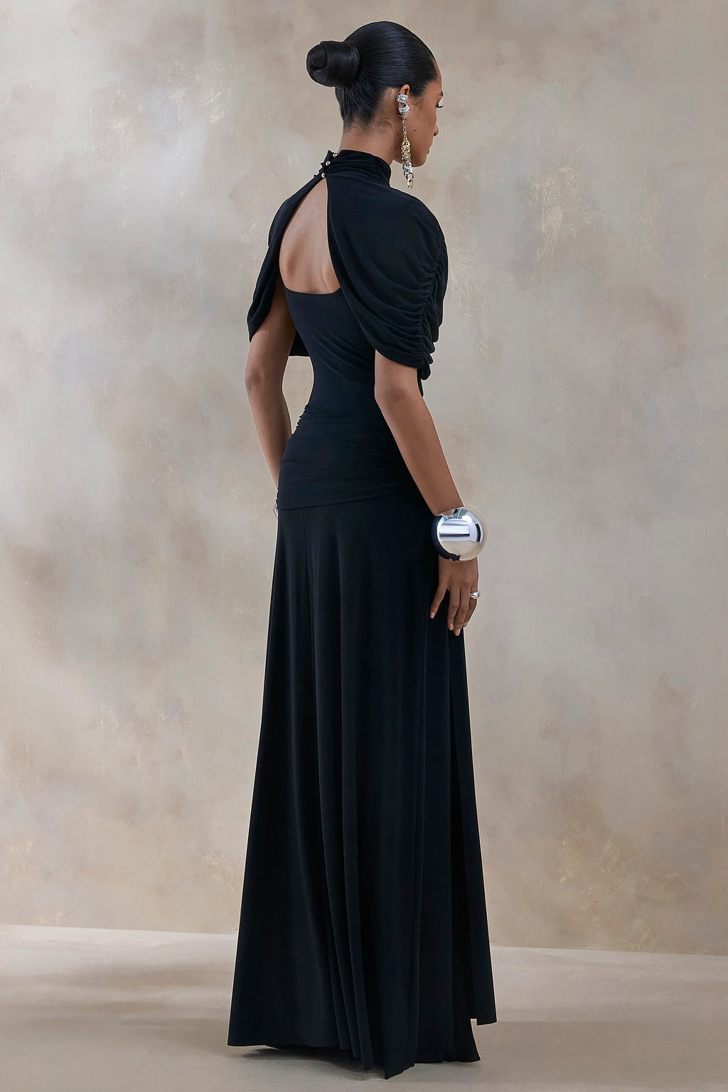 Evelisse | Black High-Neck Maxi Dress With Short-Cape Sleeves