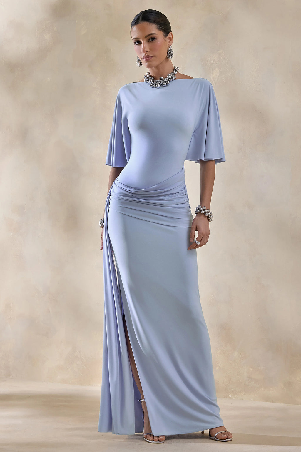 Emerelle | Powder Blue Wide-Neck Maxi Dress With Sash And Draped-Detailing
