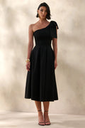 Meria | Black Asymmetric-Neck Midi Dress With Bow-Sleeve