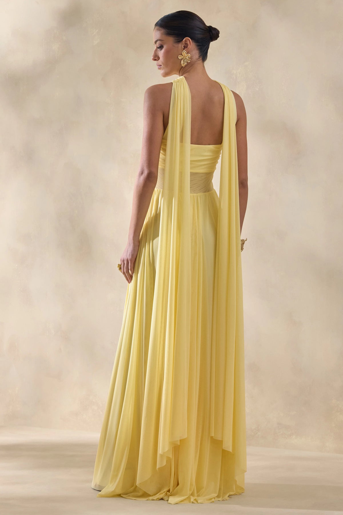 Lyvoria | Lemon Bandeau Maxi Dress With Mesh-Detail And Scarf