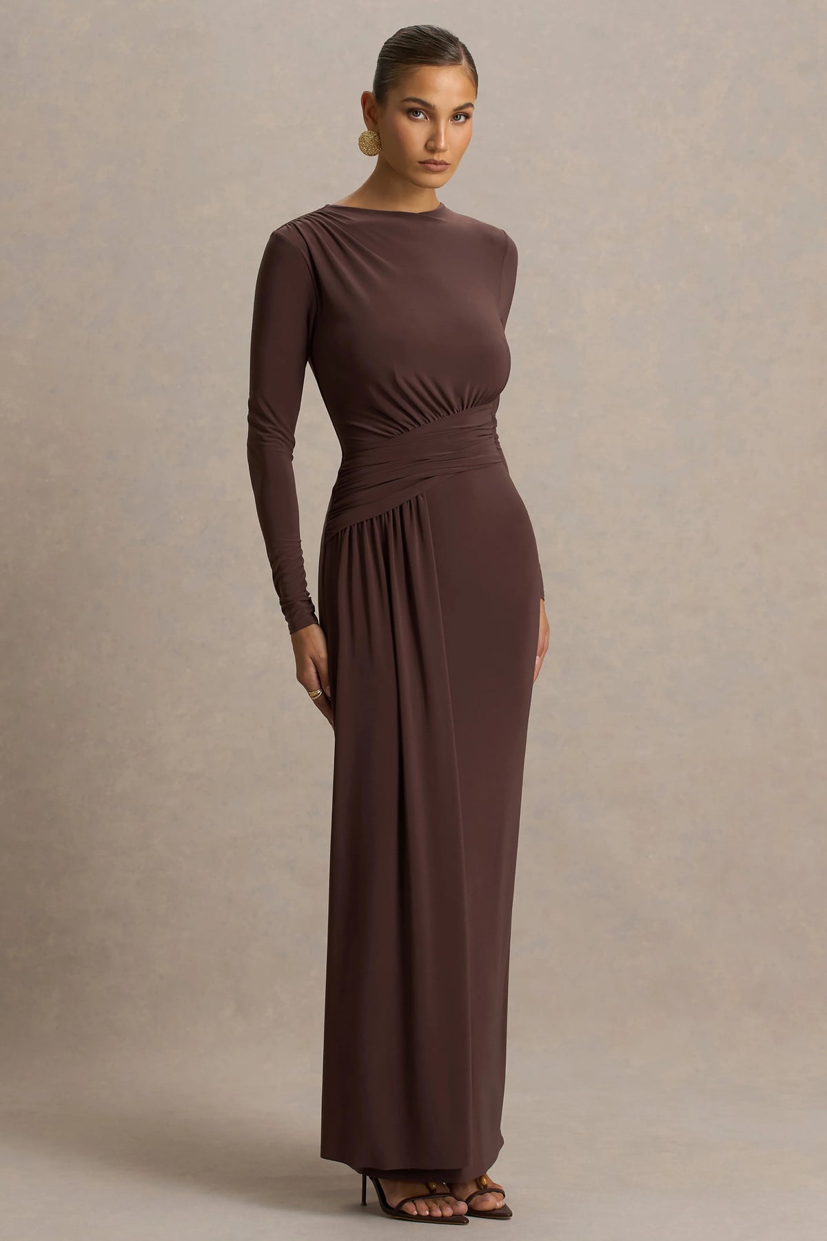 Virelle | Brown Boat-Neck Maxi Dress With Wrap Detail And Sash