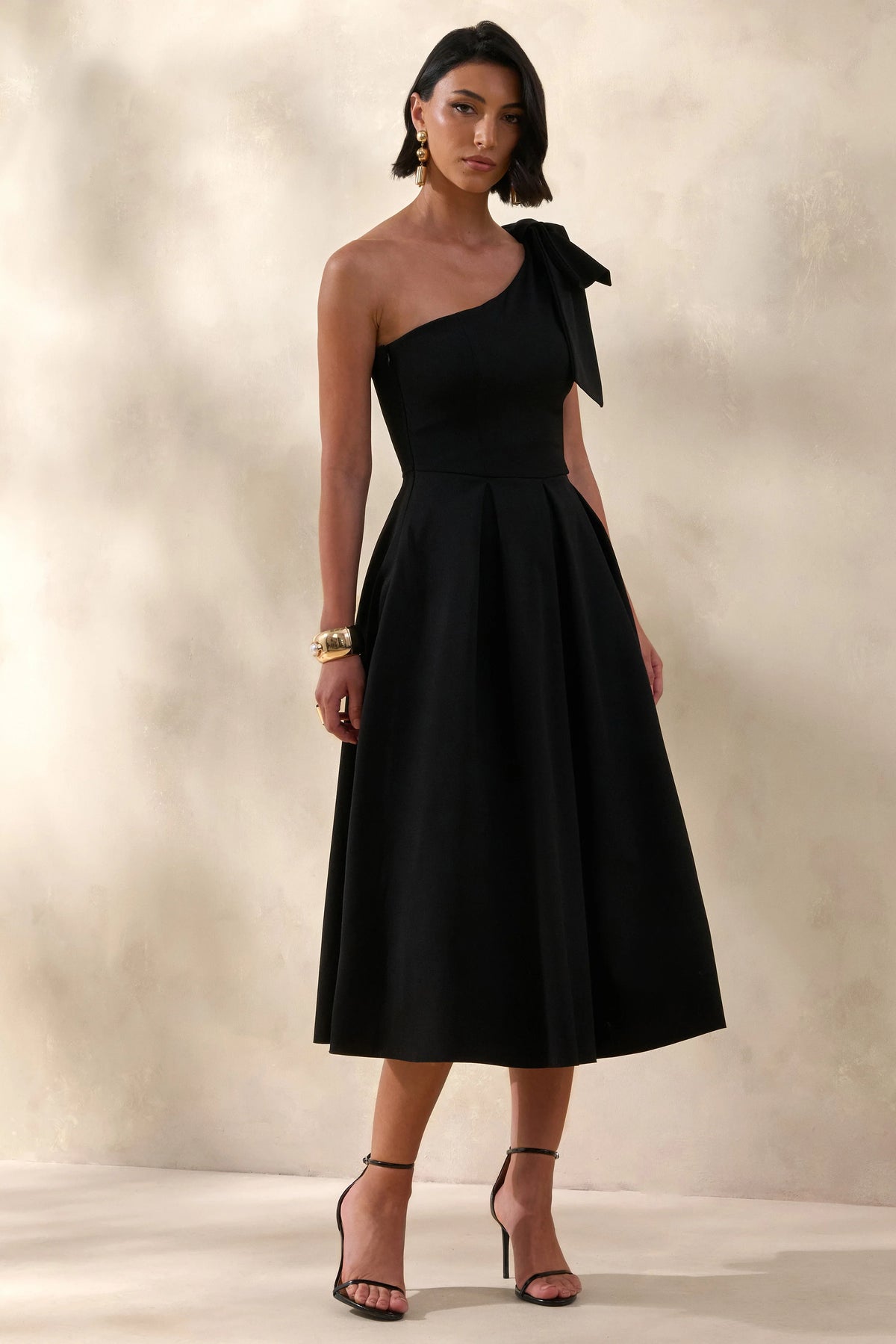 Meria | Black Asymmetric-Neck Midi Dress With Bow-Sleeve