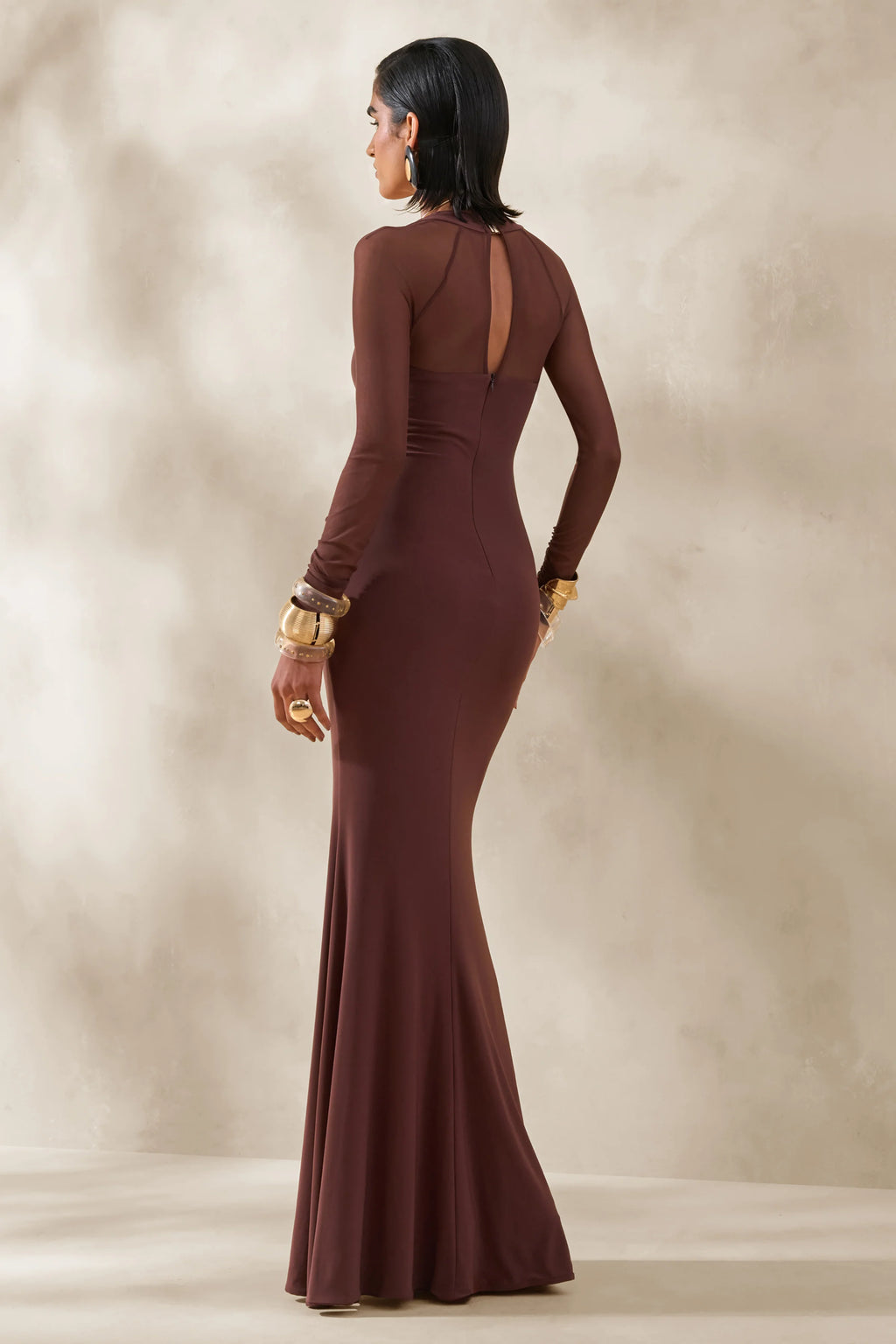 Renalia | Brown Square-Neck Maxi Dress With Mesh Long-Sleeves