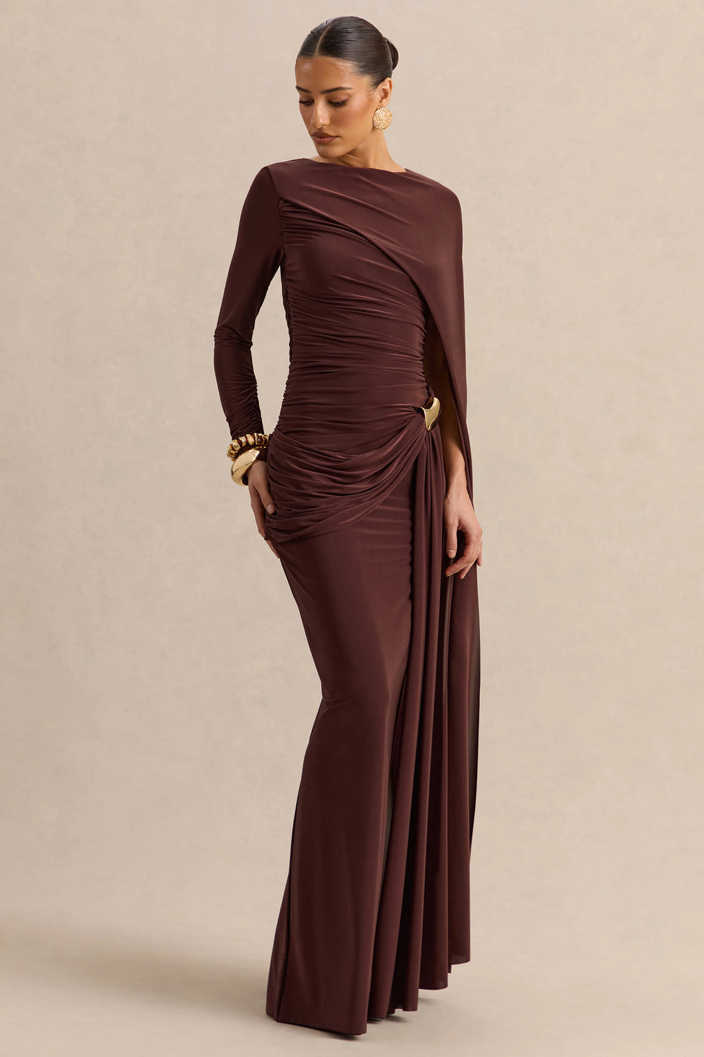 Orintha | Brown Slashed-Neck Maxi Dress With Cape And Gold-Detail