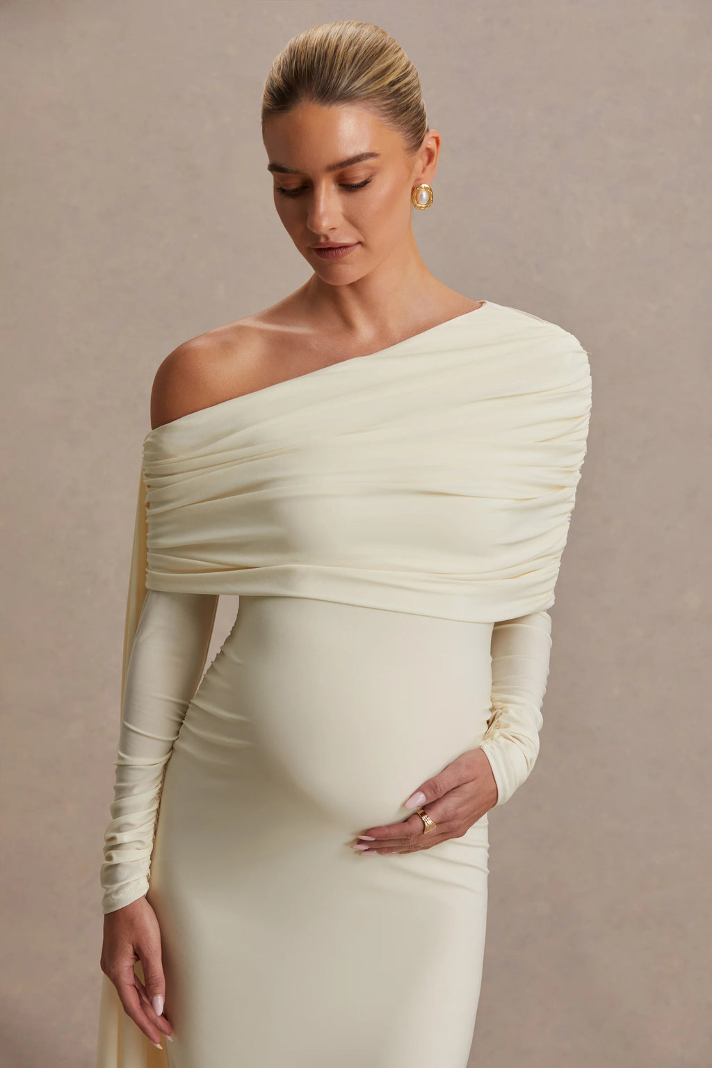 Cyra | Cream Asymmetric-Neck Maternity Maxi Dress With Sash