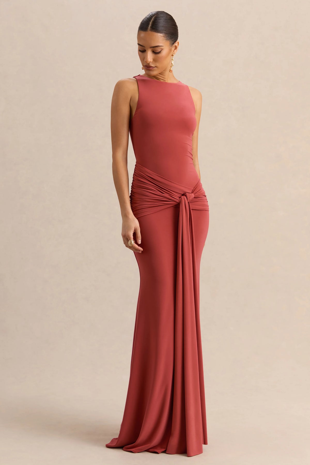 Cherine | Rust Round-Neck Maxi Dress With Gathered-Detailing And Sash