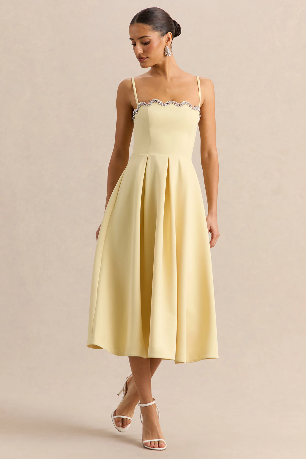 Evoria | Lemon Scalloped Square-Neck Midi Dress