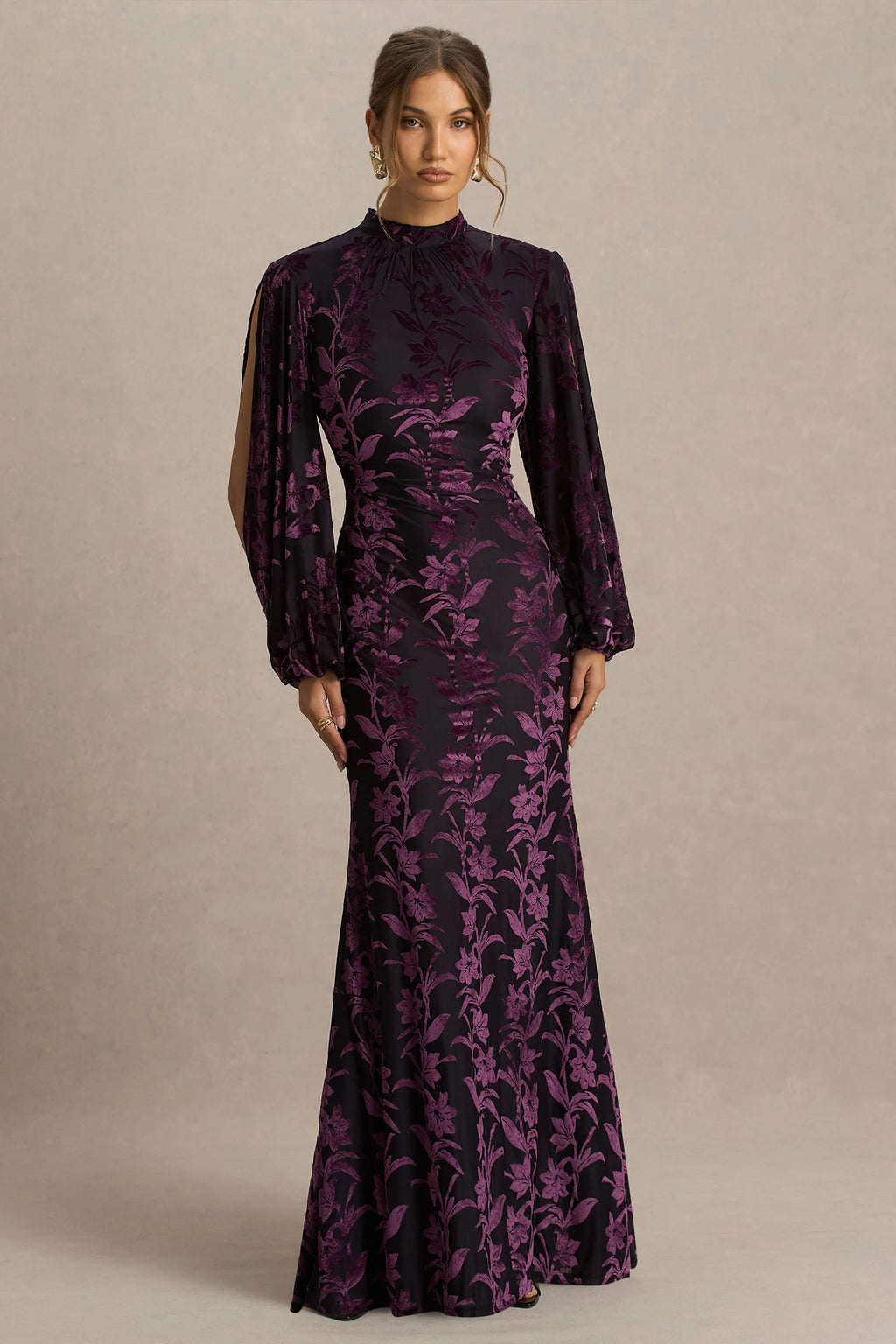 Janet | Black And Purple Devore High-Neck Maxi Dress With Cut-Out Details