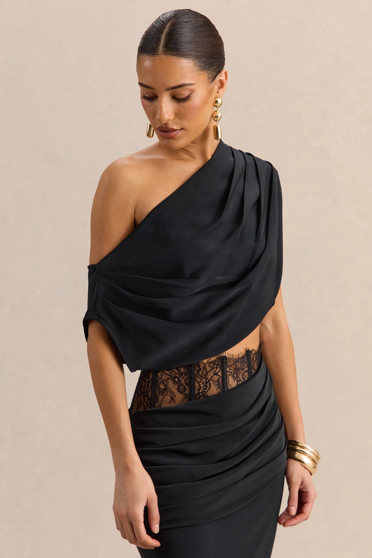 Yaselle | Black Satin Asymmetric-Neck Crop-Top