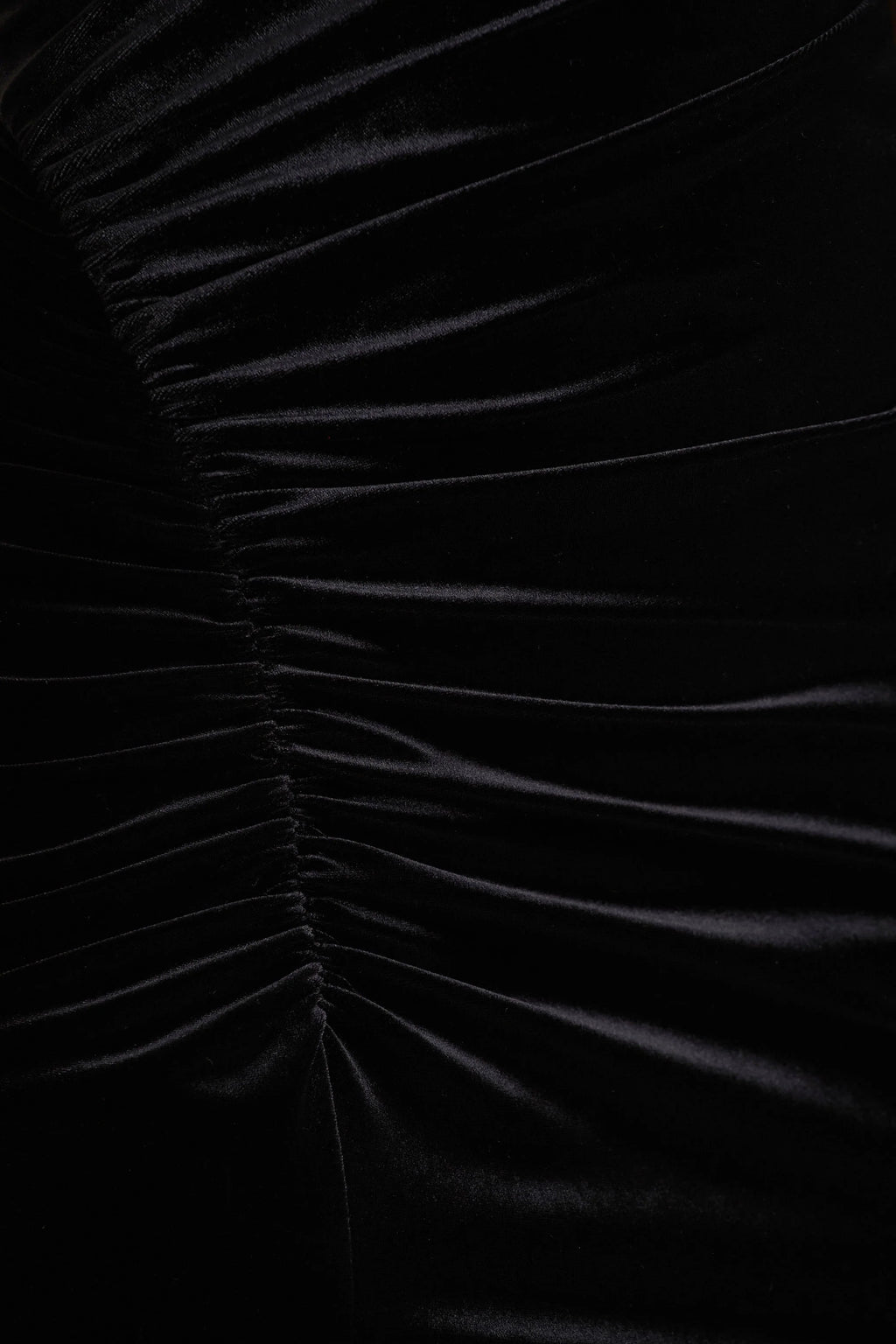 Camilla | Black Velvet Asymmetric-Neck Maxi Dress With Ruched Detailing