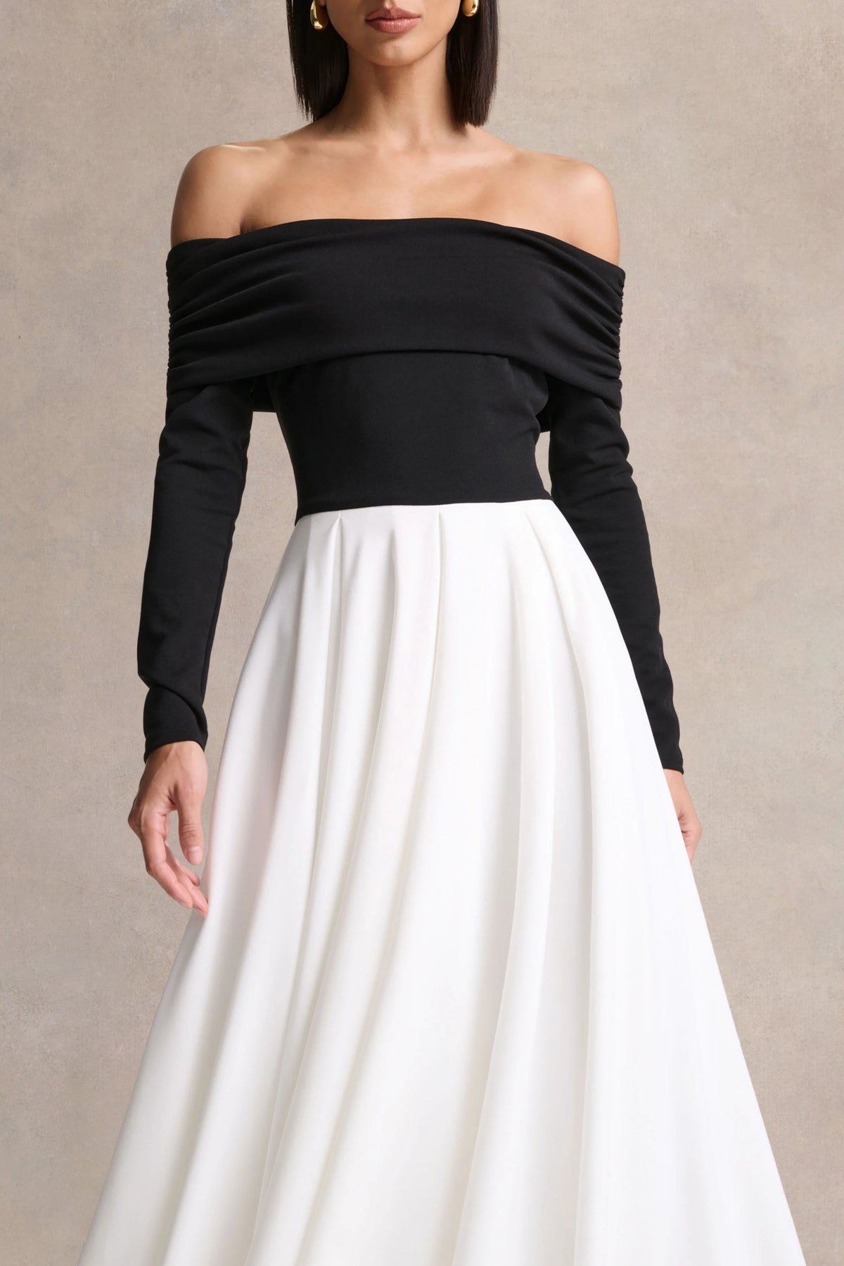 Frederica | Black And White Bardot-Neck Midi Dress