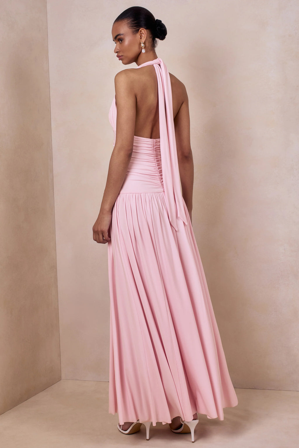 Bettina | Pink Plunge-Neck Maxi Dress With Gathered-Detailing