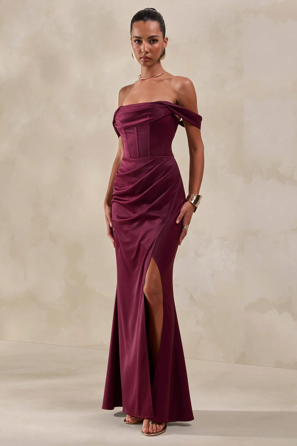 Celinea | Burgundy Satin Bardot-Neck Maxi Dress With Front-High Split