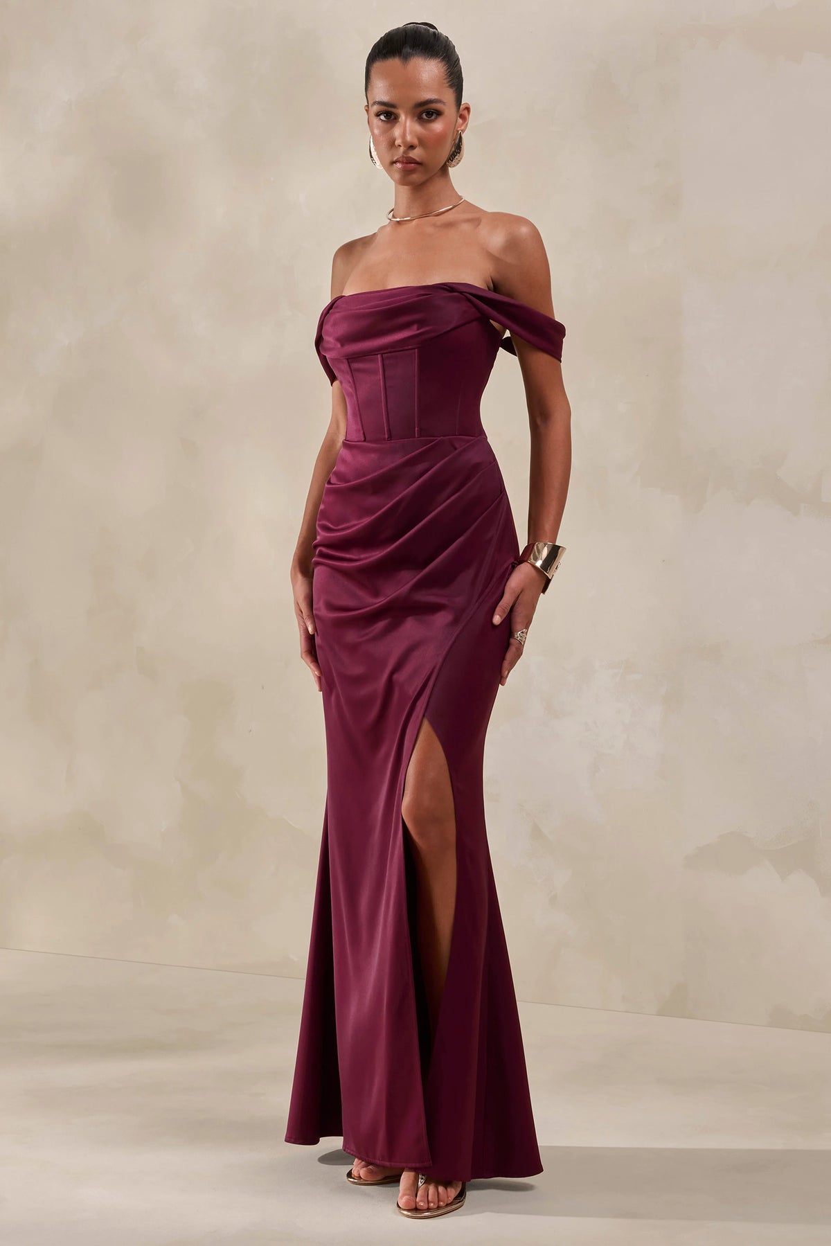 Celinea | Burgundy Satin Bardot-Neck Maxi Dress With Front-High Split