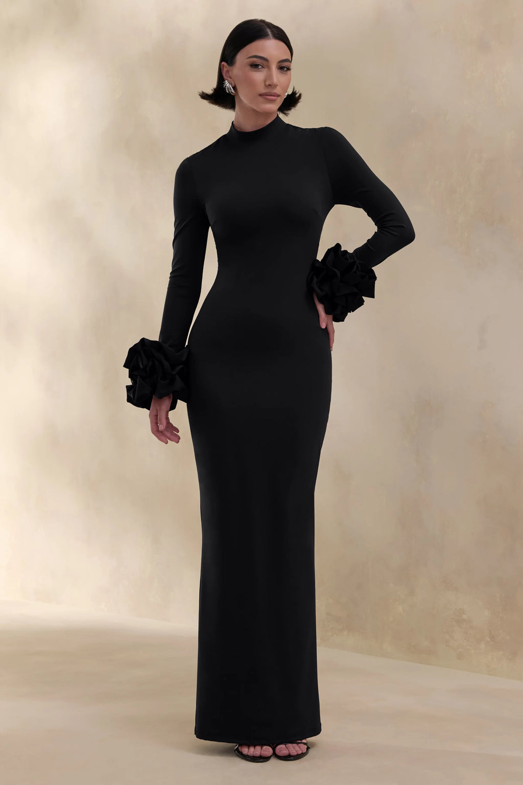 Jaselle | Black High-Neck Maxi Dress With Ruffled Satin-Cuffs