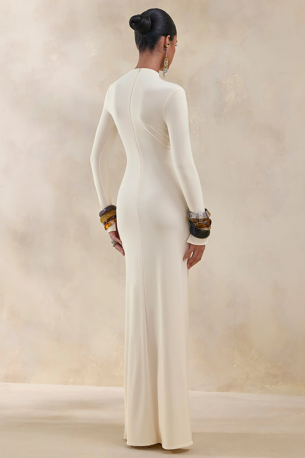 Karessa | Cream High-Neck Maxi Dress With Gathered Detailing And Front-High Split