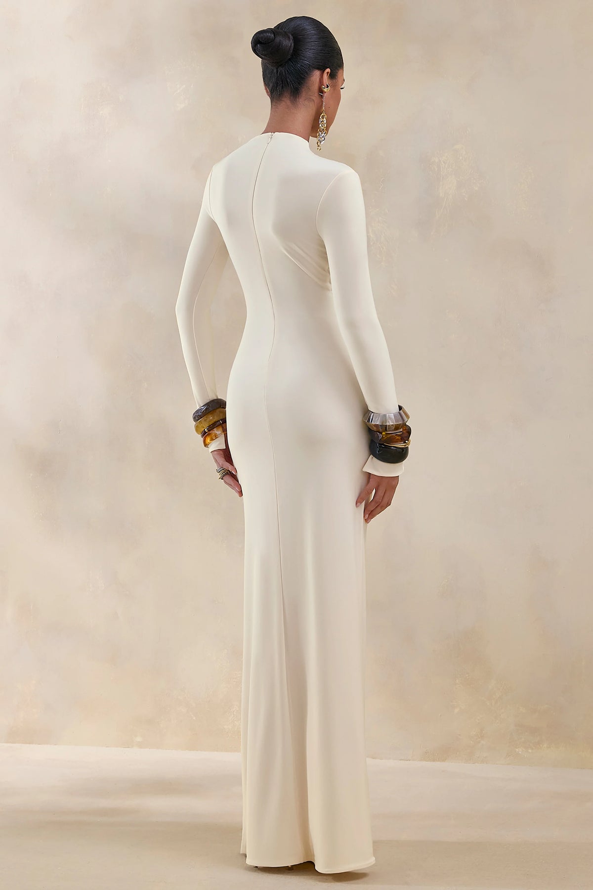 Karessa | Cream High-Neck Maxi Dress With Gathered Detailing And Front-High Split