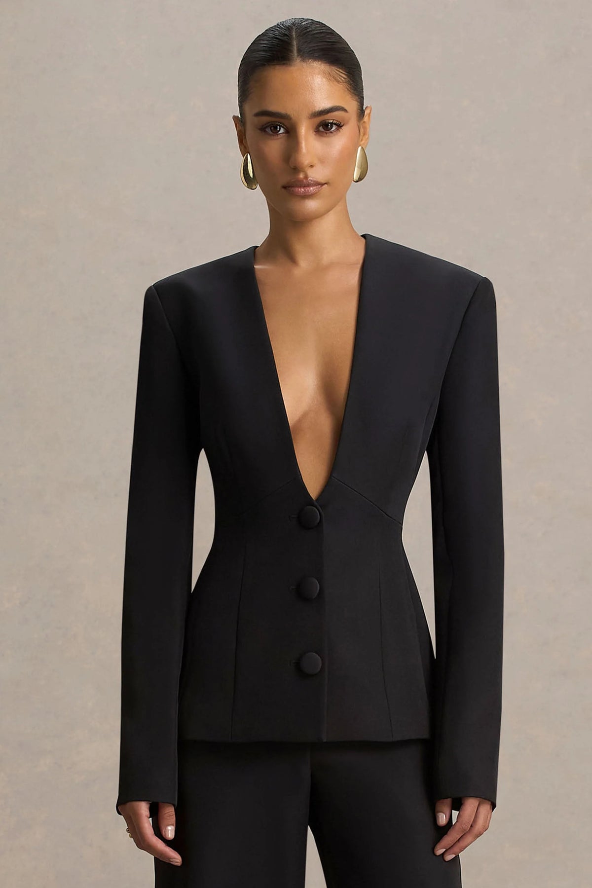 Rosalina | Black Extreme-Plunge Neck Tailored Blazer