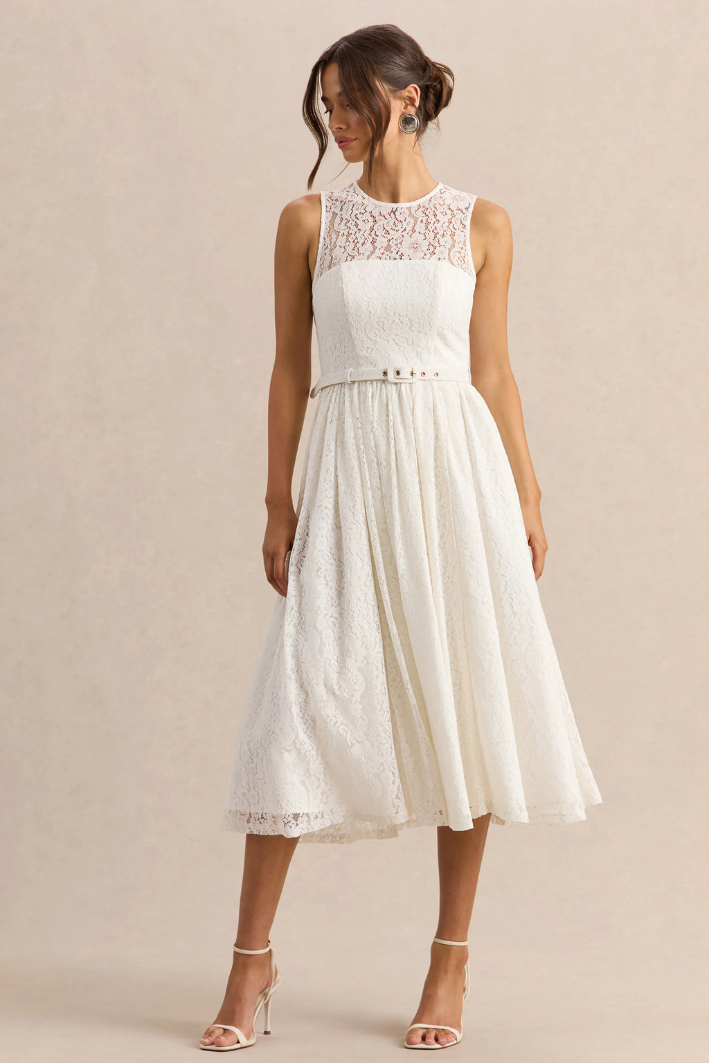 Anabella | White Lace Crew-Neck Belted Midi-Dress