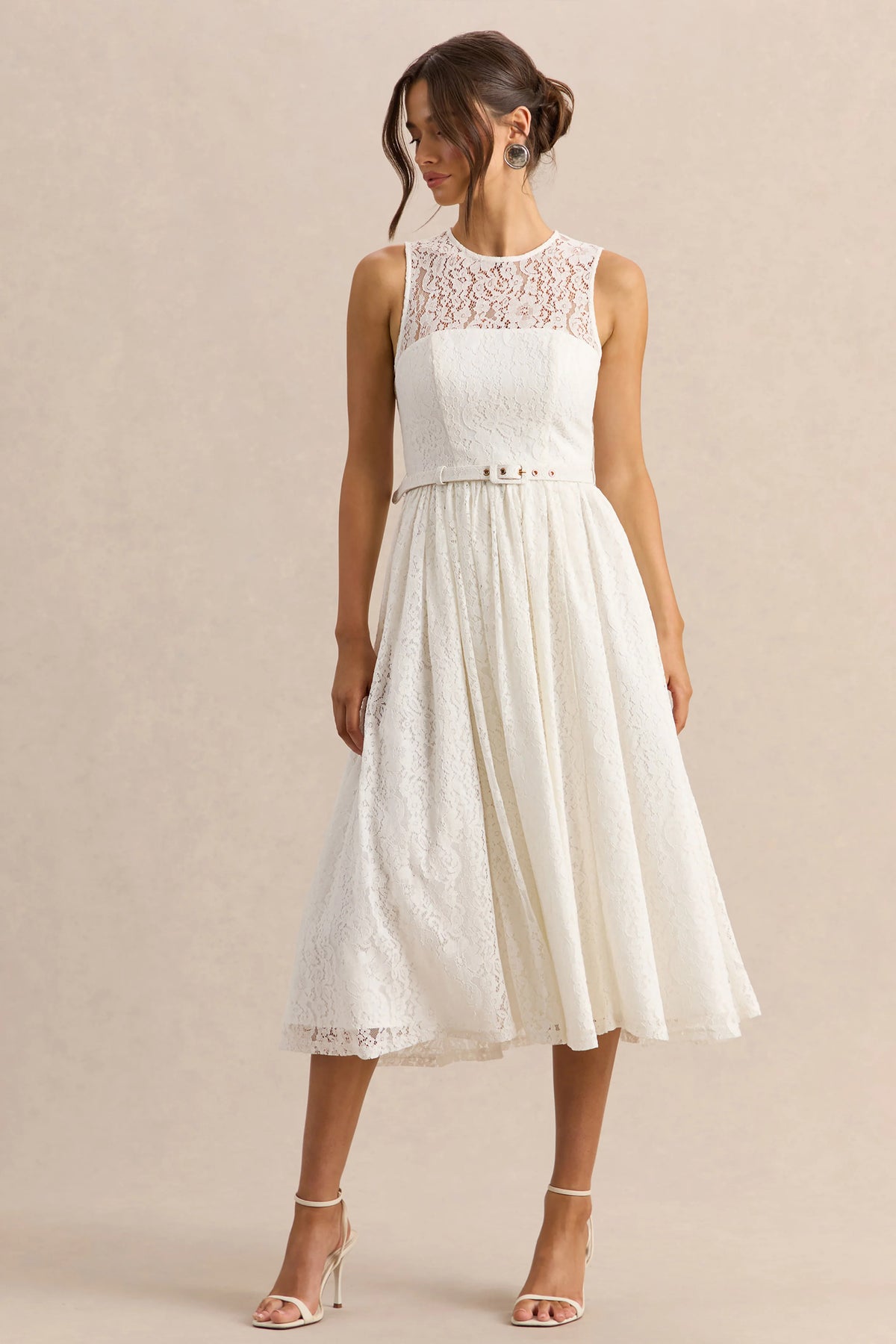 Anabella | White Lace Crew-Neck Belted Midi-Dress