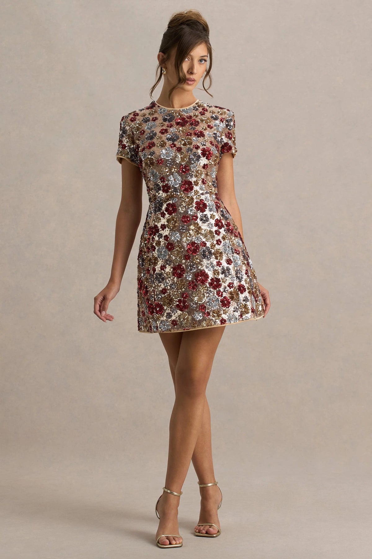 Eira | Red Floral Embellished Sequin Crew-Neck Mini Dress