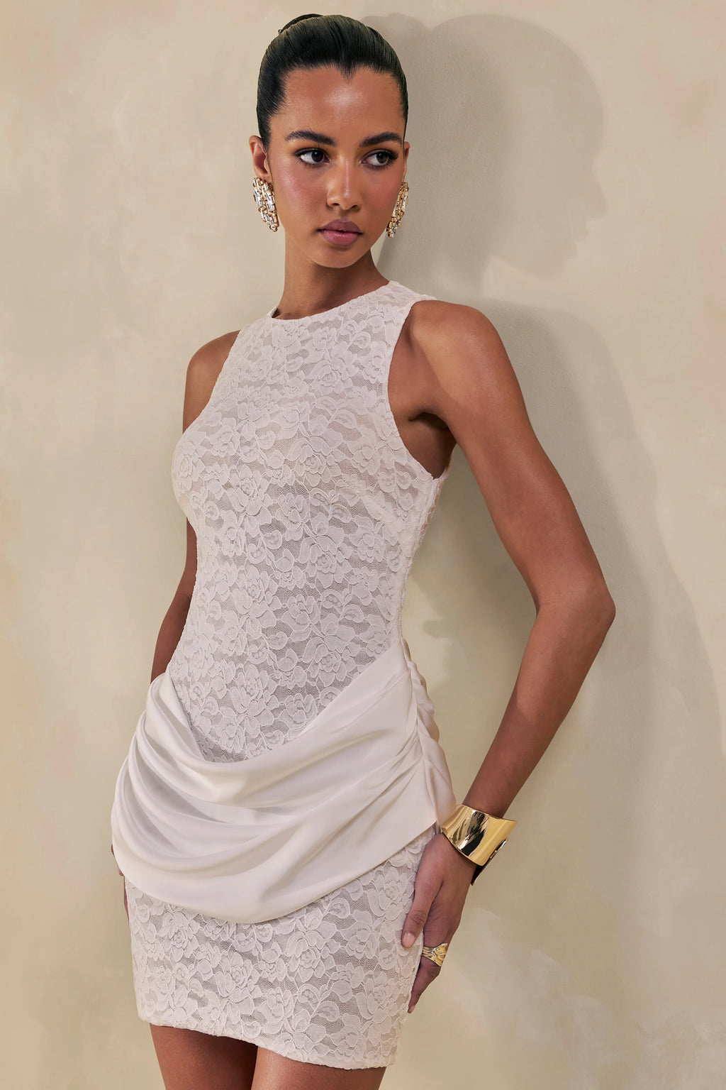 Setiana | White Lace Round-Neck Mini Dress With Draped-Detailing