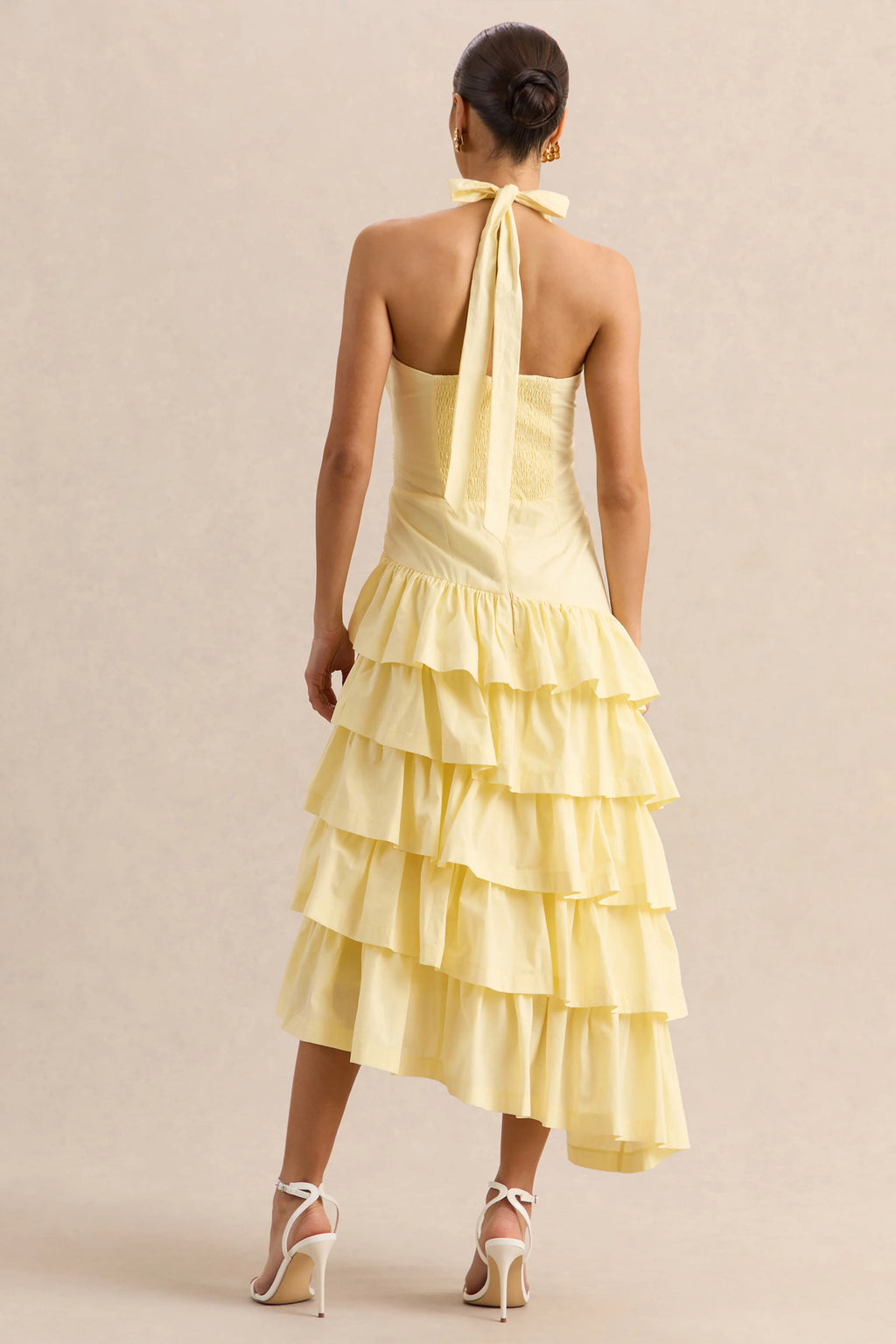 Velora | Lemon Asymmetric Midi Dress With Tiered-Ruffled Skirt