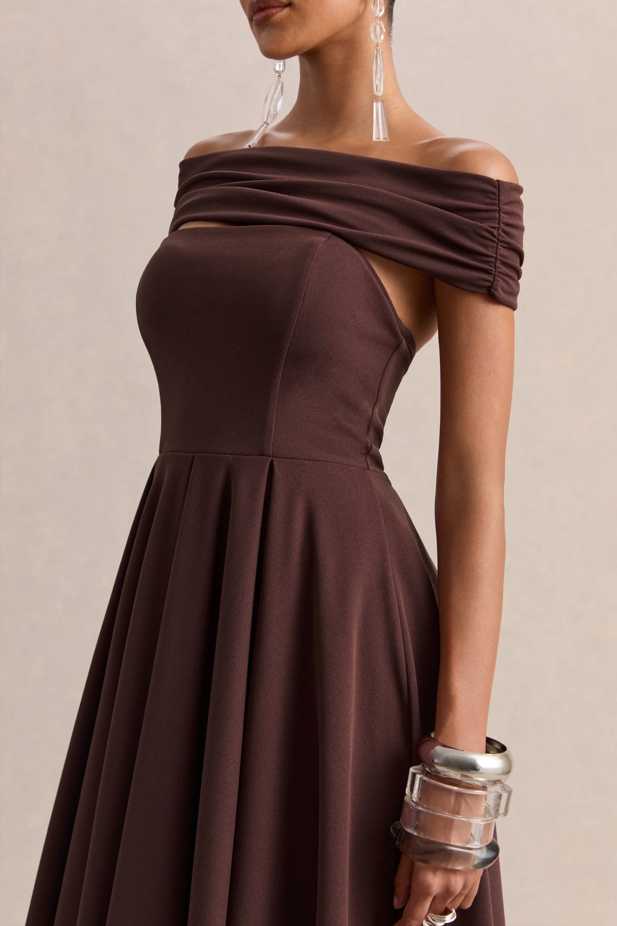 Mavina | Brown Bardot-Neck Midi Dress