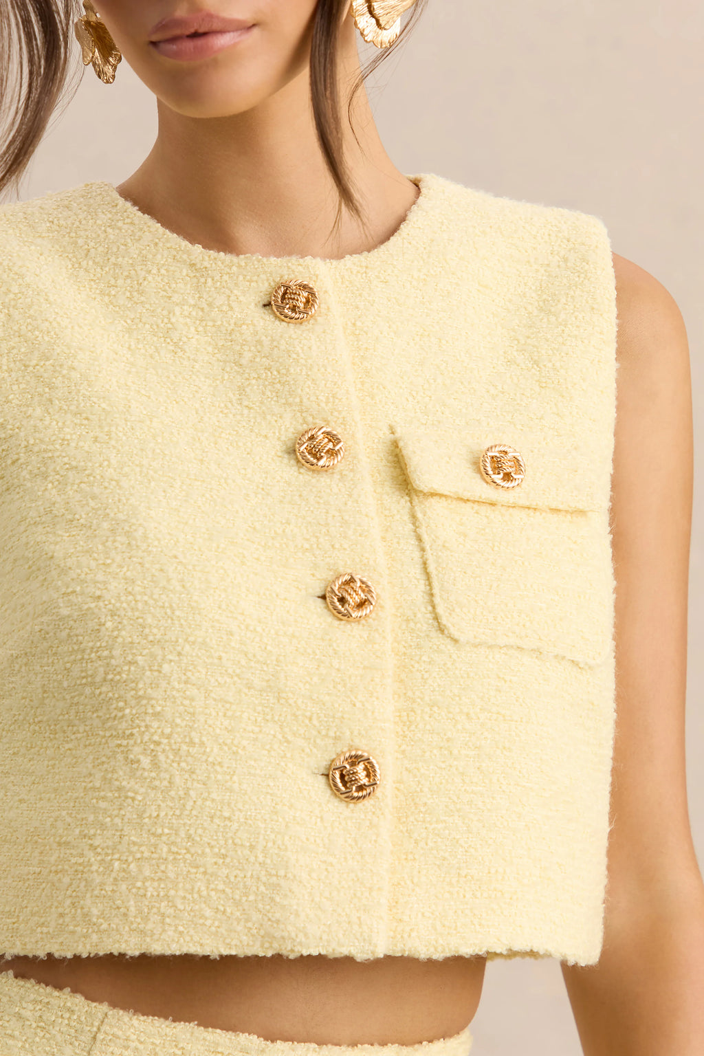 Emara | Lemon Round-Neck Top With Button-Detailing