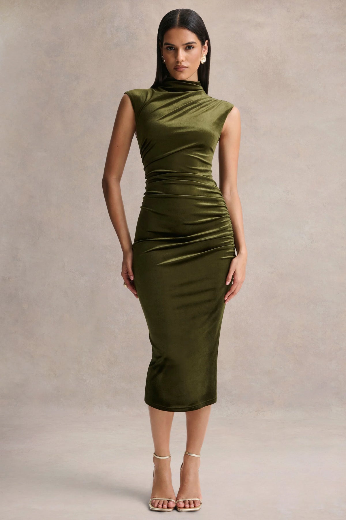 Novine | Olive Velvet High-Neck Midi Dress