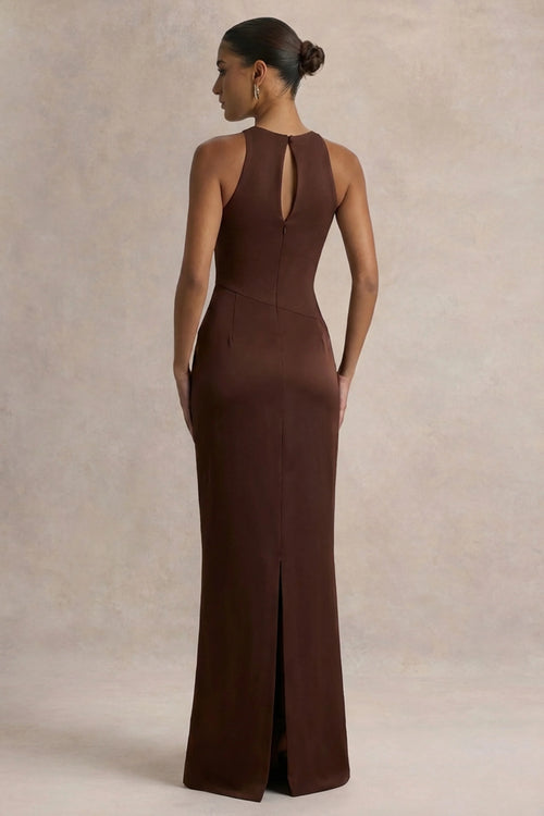 Akari | Brown Crew-Neck Maxi Dress With Satin Skirt