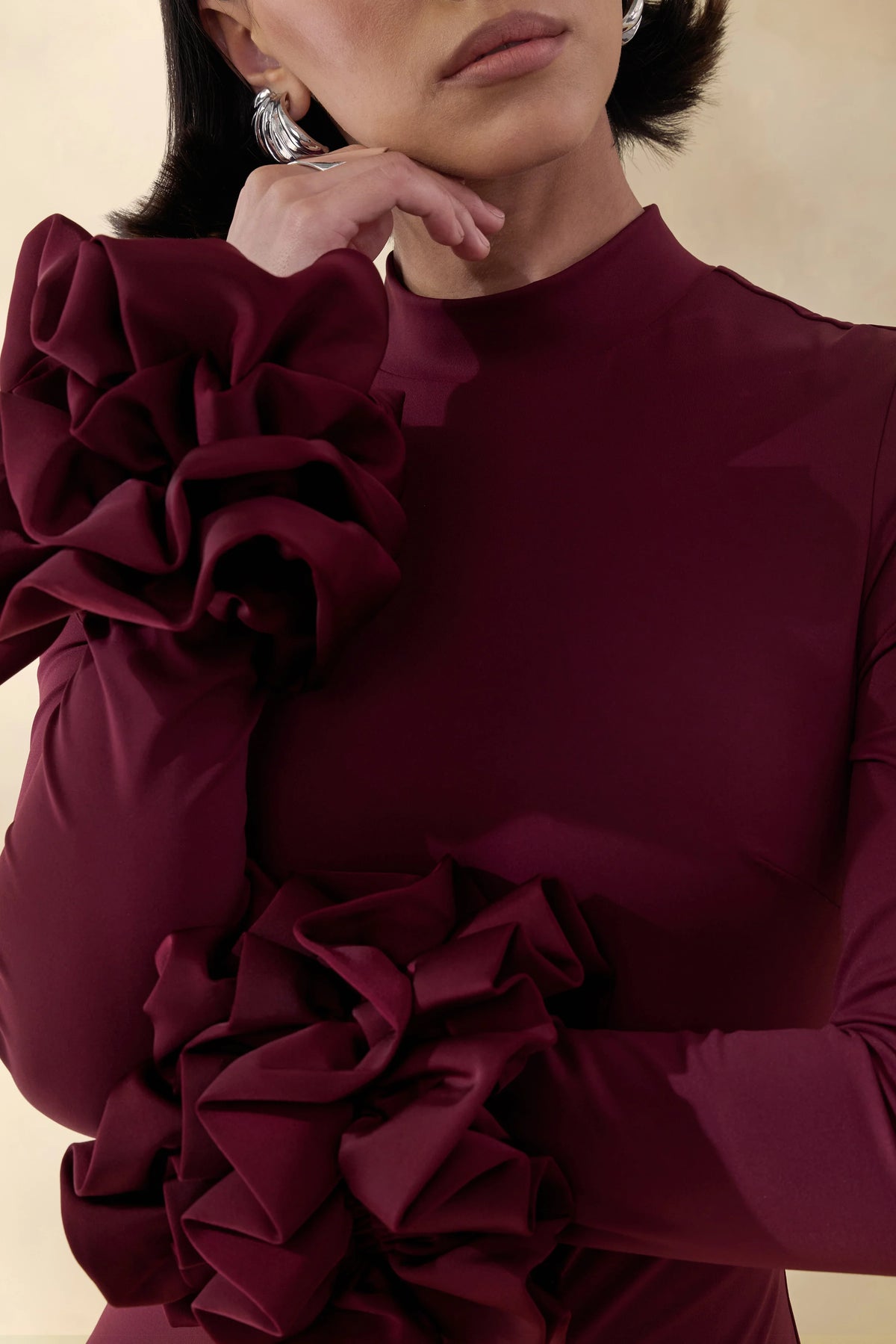 Jaselle | Dark Plum High-Neck Maxi Dress With Ruffled Satin-Cuffs