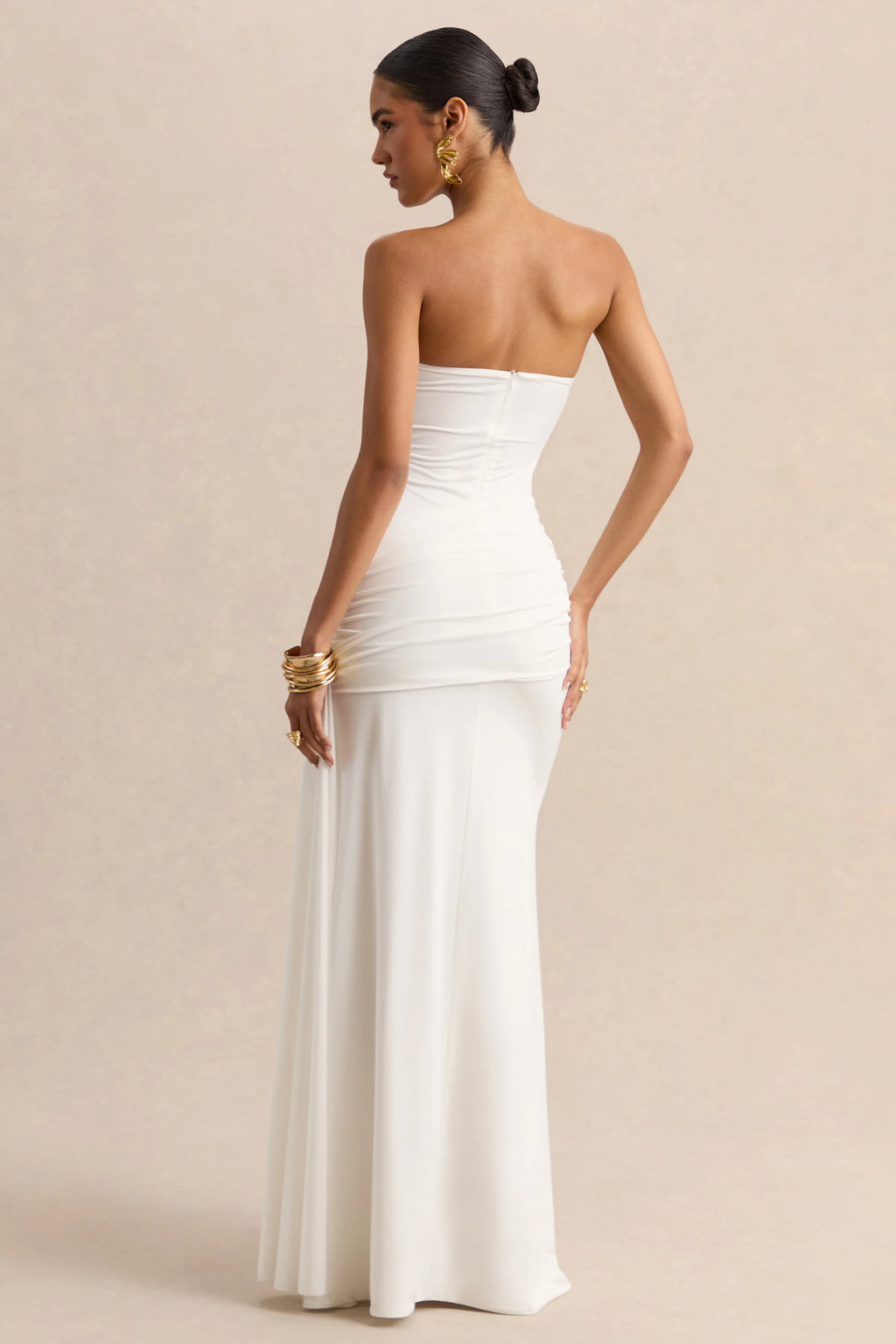 Liramine | White Bandeau Maxi-Dress With Gathered-Detailing And Sash