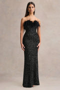 Daze | Black Sequin Bandeau Maxi Dress With Feather-Trim