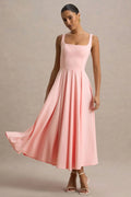 Parina | Pink Strappy Volume-Hem Midi Dress
