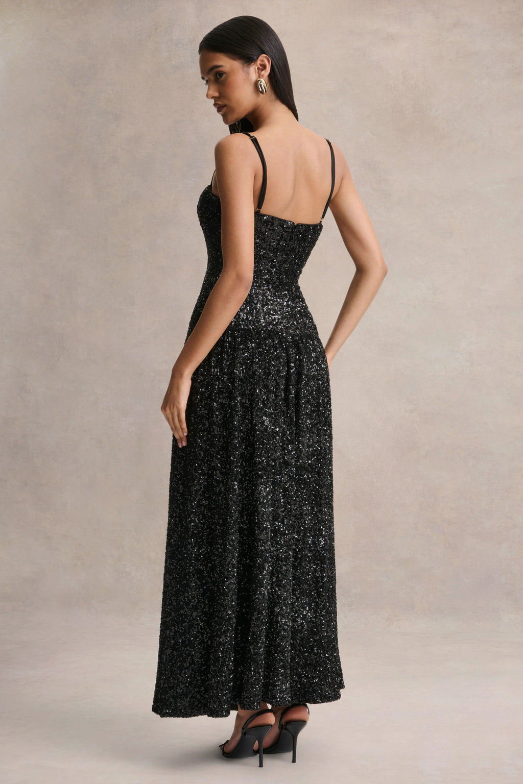 Allora | Black Sequin Square-Neck Maxi Dress With Pleated Skirt