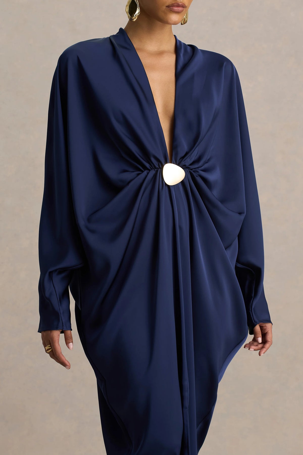 Tina | Navy Satin Plunge-Neck Embellished Maxi Dress