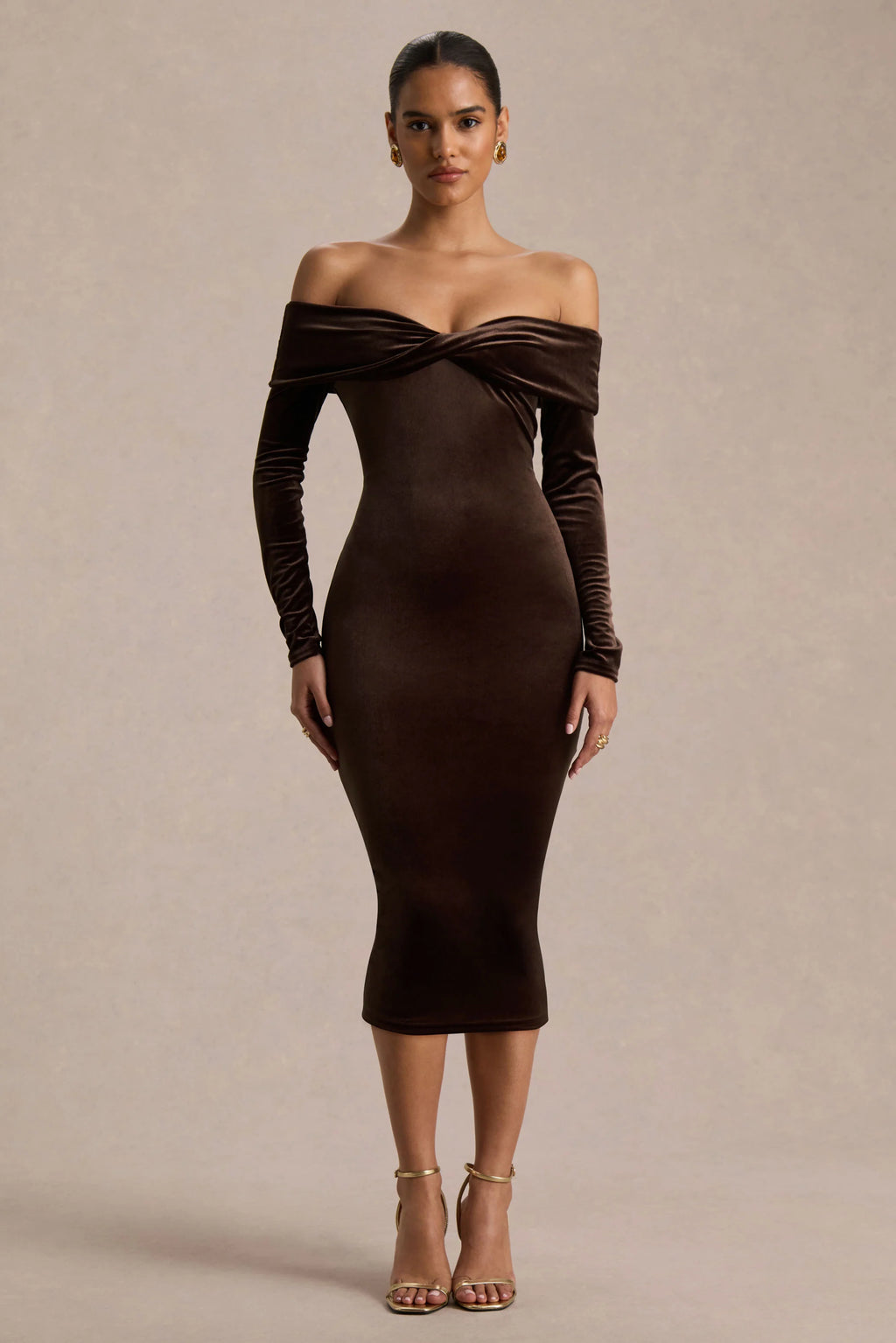 Compliment | Brown Velvet Bardot Midi Dress