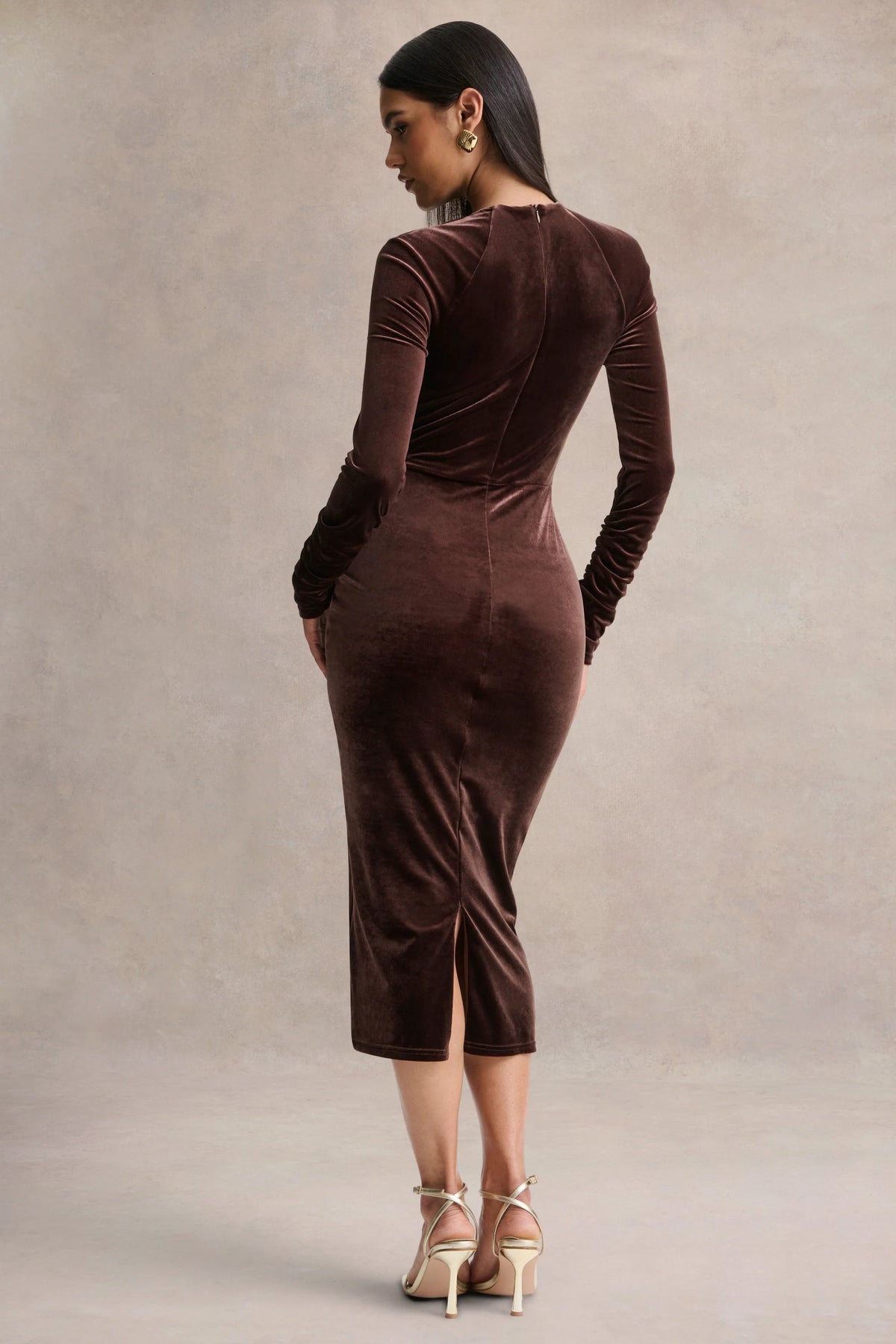 Francine | Brown Velvet Round-Neck Midi Dress With Cut-Out Details