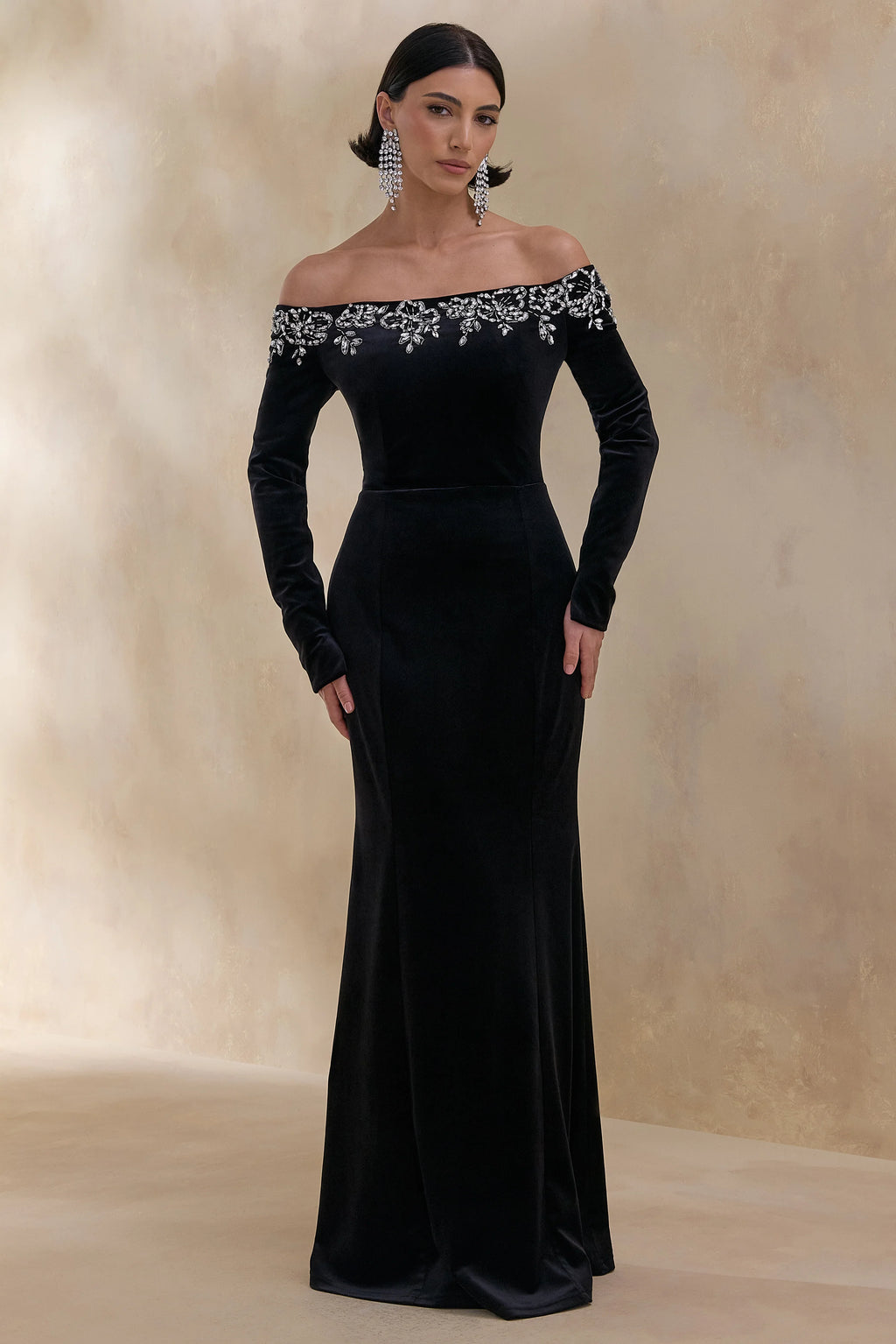 Fern | Black Velvet Embellished Bardot-Neck Maxi Dress