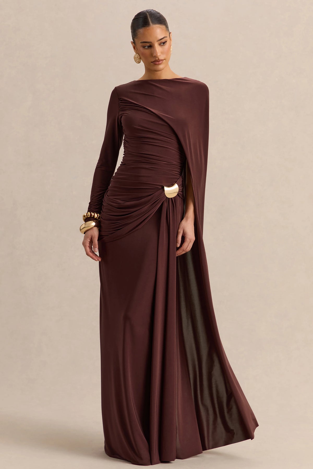 Orintha | Brown Slashed-Neck Maxi Dress With Cape And Gold-Detail