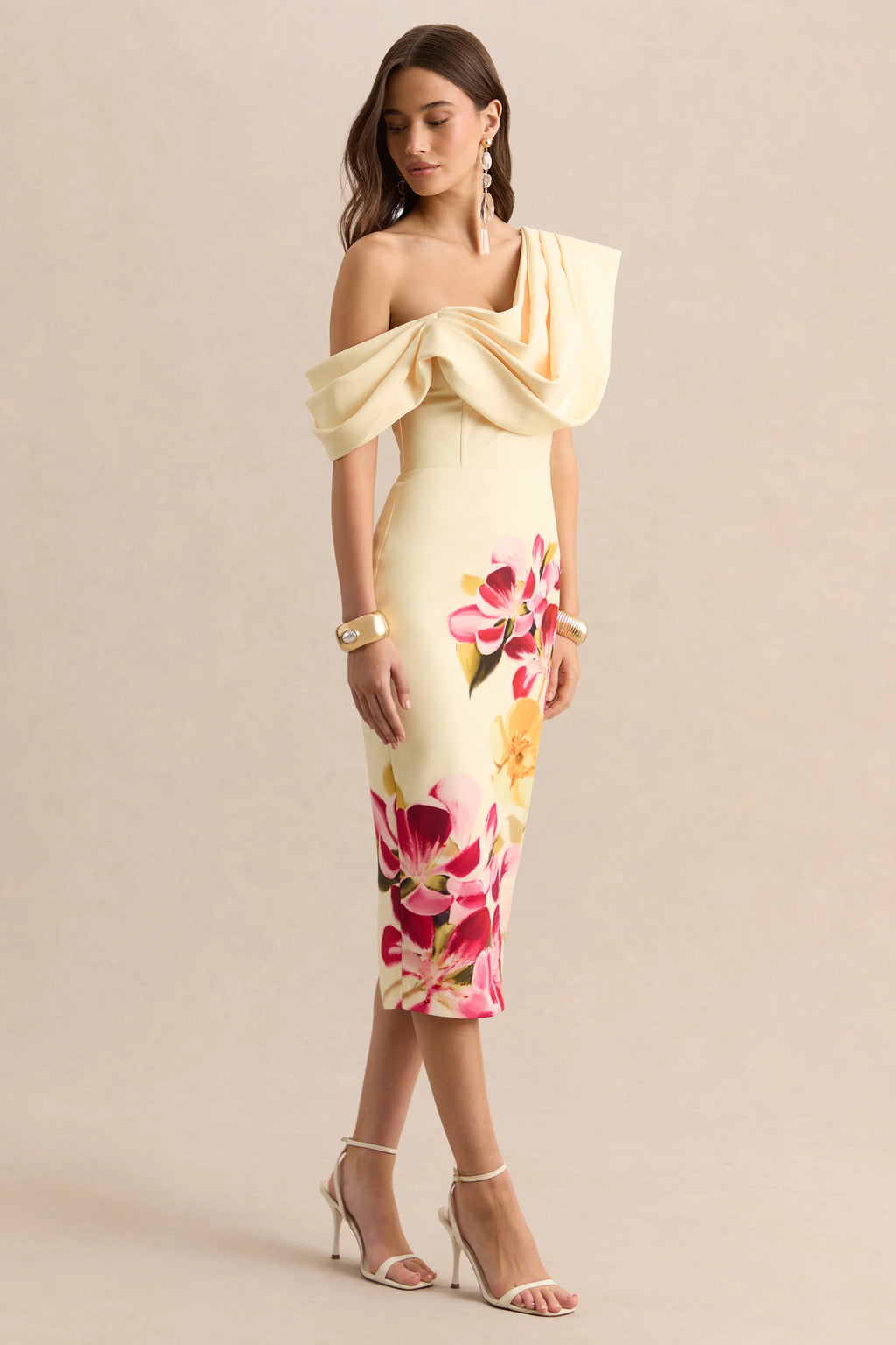 Adrina | Hot Pink & Lemon Floral Print Draped One Shoulder Midi Dress